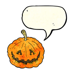 cartoon grinning pumpkin with speech bubble