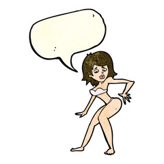 cartoon woman in bikini with speech bubble