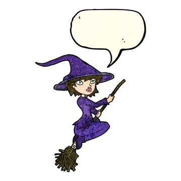cartoon witch riding broomstick with speech bubble