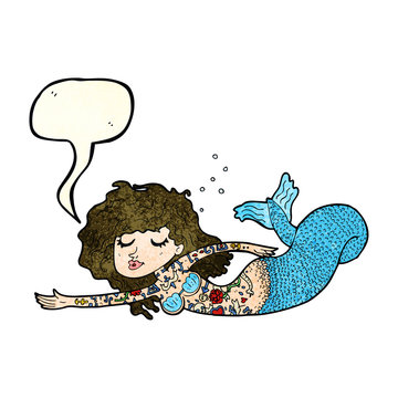 cartoon mermaid covered in tattoos with speech bubble