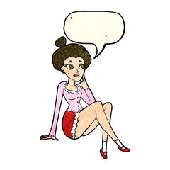 cartoon attractive woman sitting thinking with speech bubble