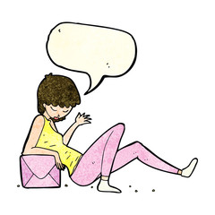 cartoon woman leaning on package box with speech bubble