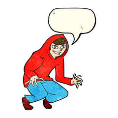 cartoon mischievous boy in hooded top with speech bubble