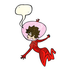 cartoon space woman with speech bubble