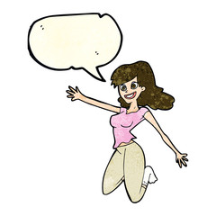 cartoon jumping woman with speech bubble