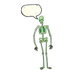 cartoon spooky skeleton with speech bubble