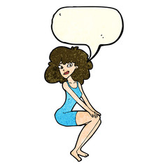 cartoon sitting woman in dress with speech bubble