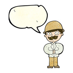 cartoon man in safari hat with speech bubble