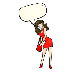 cartoon woman looking in handbag with speech bubble