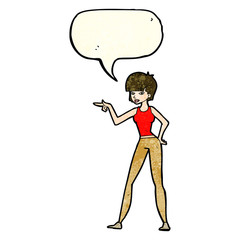 cartoon woman pointing with speech bubble