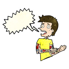 cartoon man with tattoos with speech bubble