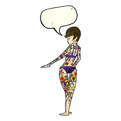 cartoon bikini girl covered in tattoos with speech bubble