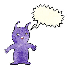 cartoon happy little alien with speech bubble