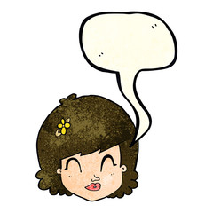 cartoon happy female face with speech bubble