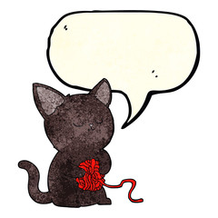 cartoon cute black cat playing with ball of yarn with speech bub