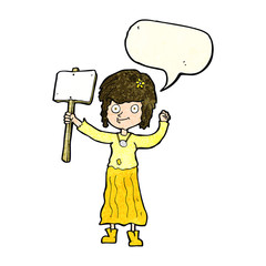 cartoon hippie girl with protest sign with speech bubble