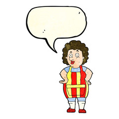 cartoon woman in kitchen apron with speech bubble