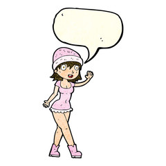 cartoon pretty girl in hat waving with speech bubble