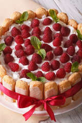 raspberry cake with mascarpone and Savoiardi close-up. vertical
