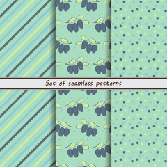 honeysuckle, a set of seamless patterns, dots, stripes, diagonal, a set of backgrounds. berries
