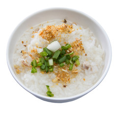 Traditional thai porridge rice gruel in white bowl, congee