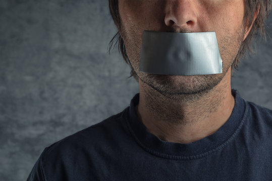 Censorship Concept, Man With Duct Tape On Mouth
