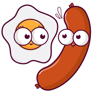 Egg and sausage cartoon characters. Vector illustration
