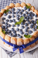 Beautiful blueberry cake charlotte on a plate macro . Vertical
