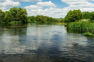 Quiet river with green trees on the banks and blue sky with whit