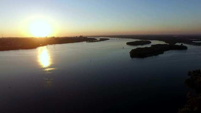 Flying Over The River Dnipro at Sunset. Aerial Survey Phantom at 3 PRO, 4k
