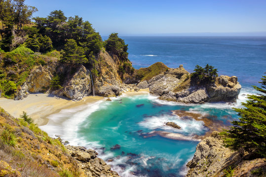 Beach and falls, Pacific coast, Julia Pfeiffer beach, Big Sur. California, USA