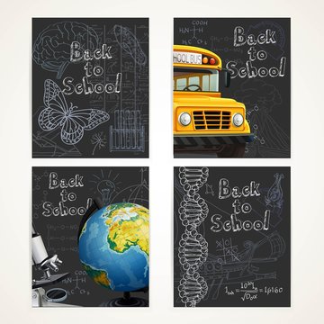 Back to school black banners set with doodles, yellow school bus