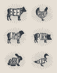 Typographic Farm Enimals Icons and Meat Labels