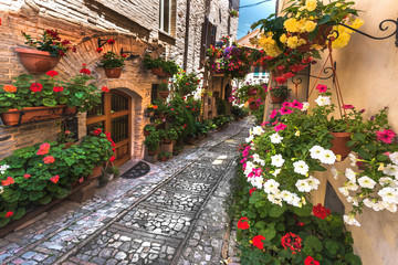 Floral street in central Italy, in the small Umbrian medieval to - 89219519