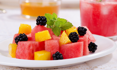 watermelon, peach and BlackBerry in a fruit salad