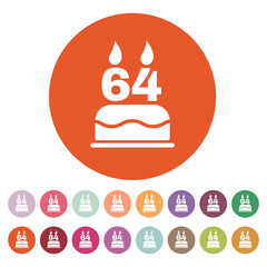 The birthday cake with candles in the form of number 64 icon. Birthday symbol. Flat