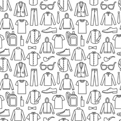 Endless clothes background. Vector seamless pattern of men's clothes and accessories. Dark print on white background