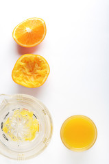 Orange segments squeezed with juicer on white