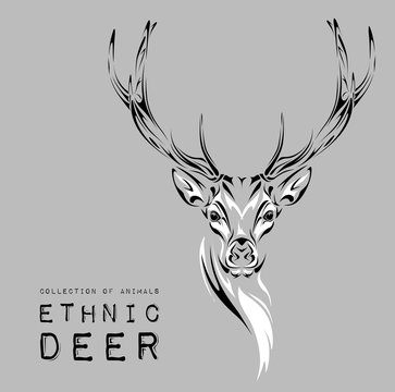 Ethnic black head of deer on the white background totem / tattoo design. Use for print, posters, t-shirts. Vector illustration