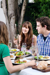 Friends at a outdoor party in the garden with food and drink