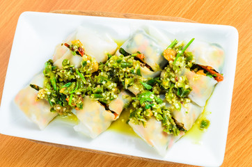 salad noodle, thai food,vegetable wraped with rice sheet