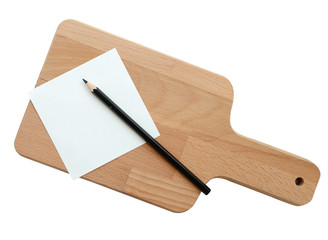 Wooden chopping board with blank white note paper and pencil isolated on white background (clipping path)