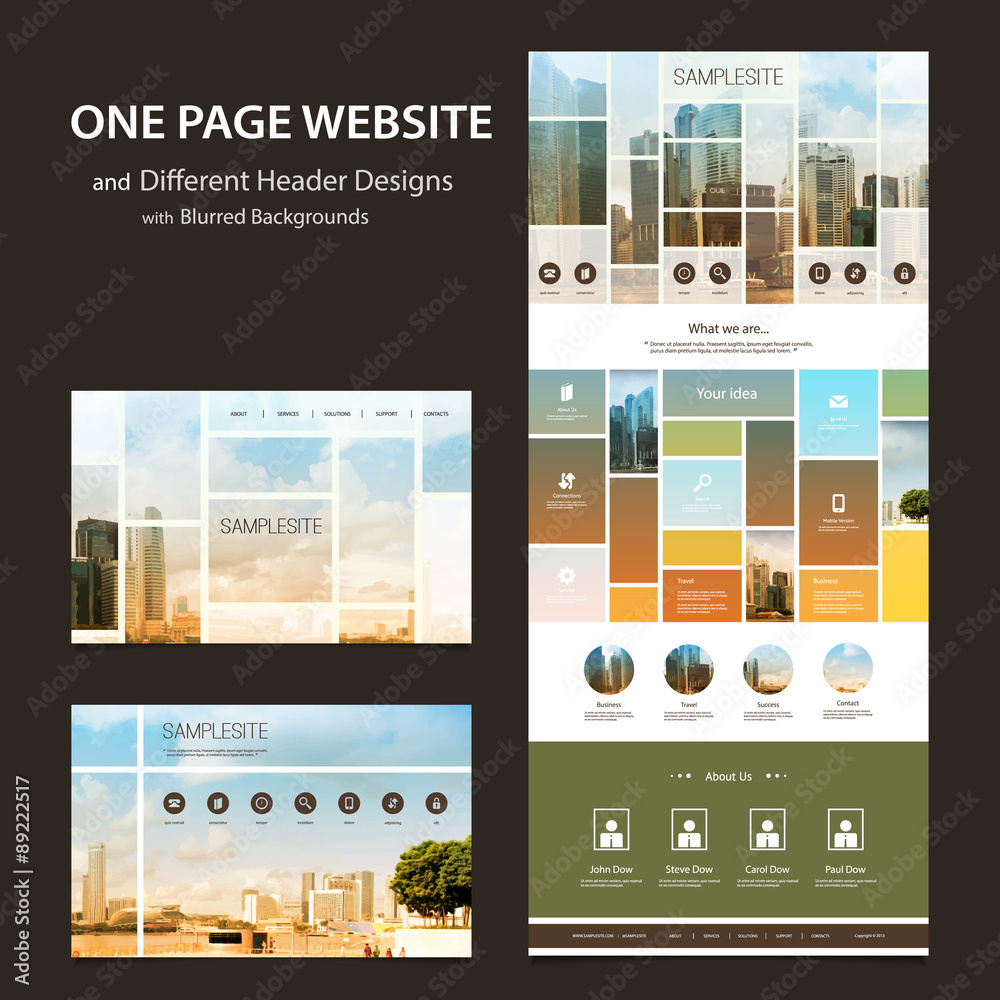 Wall mural one page website template and different header designs with blurred backgrounds - mosaics