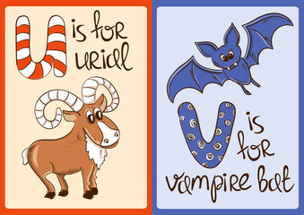 Children Alphabet with Funny Animals Urial and Vampire Bat.