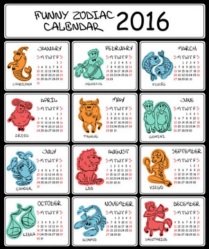 2016 Calendar Template with Zodiac Signs.