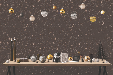 Naklejka premium Christmas mockup - table with different items, hanging decoration balls and snow