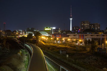 Fototapeta na wymiar alexanderplatz berlin germany night train traffic