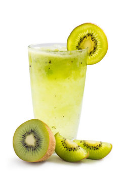 Fresh kiwi smoothie in glass isolated on white background