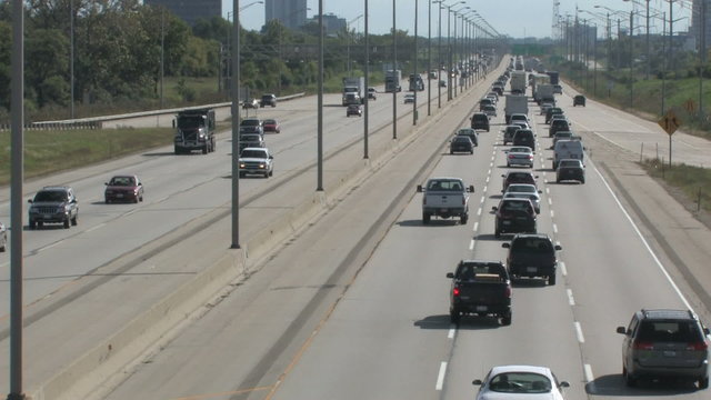 Wide angle shot, looking down a large expressway 
