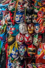 Luchador masks, Mexican wrestling masks, in a colorful display